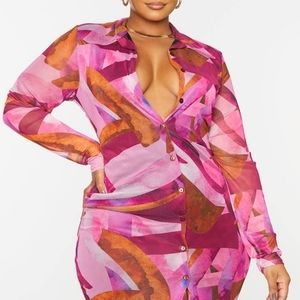 Pretty Little Thing Abstract Mesh Button Down Shirt Dress 14